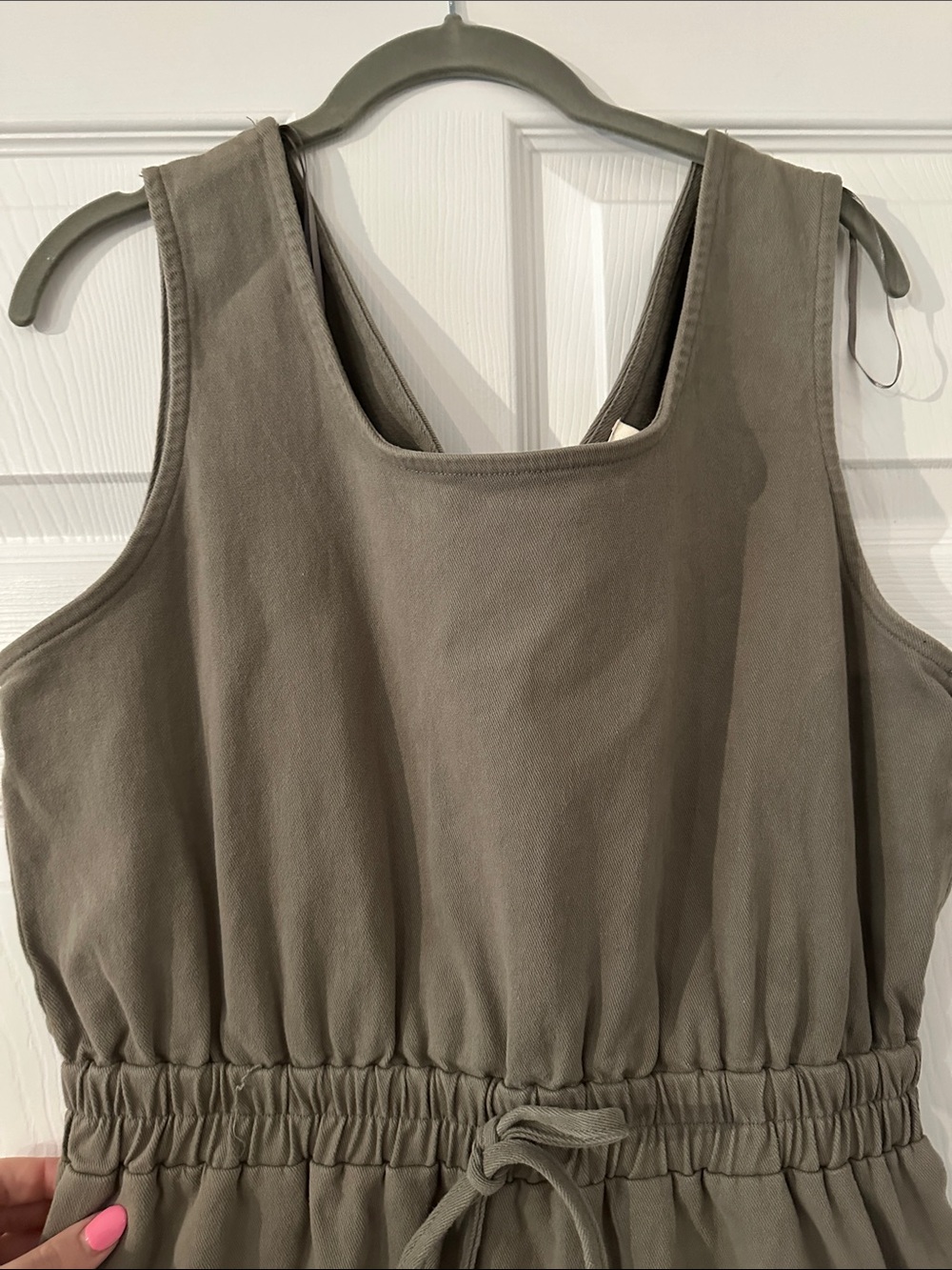 Sleeveless Denim Drawstring-Waist Mini Dress in Olive - Picture 3 of 6